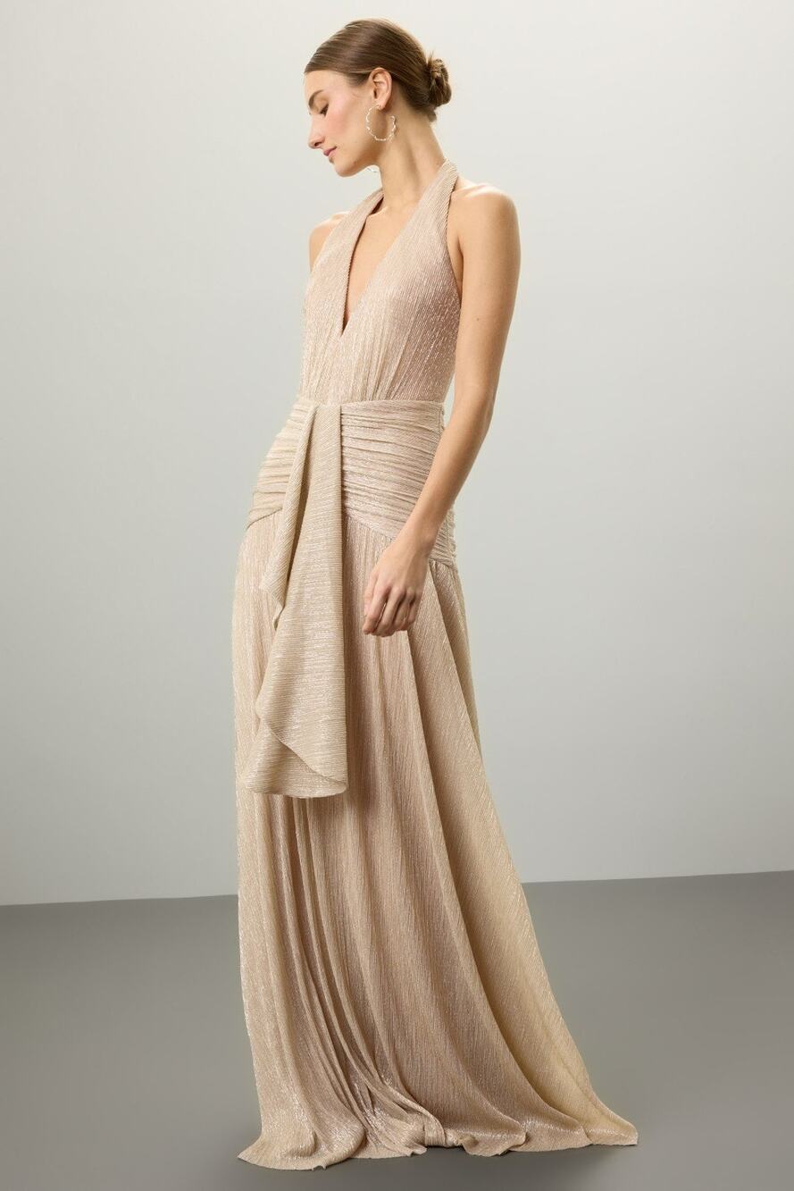 PatBO Gold Lurex Draped Halter Maxi Gown Size 8 Metallic $825
